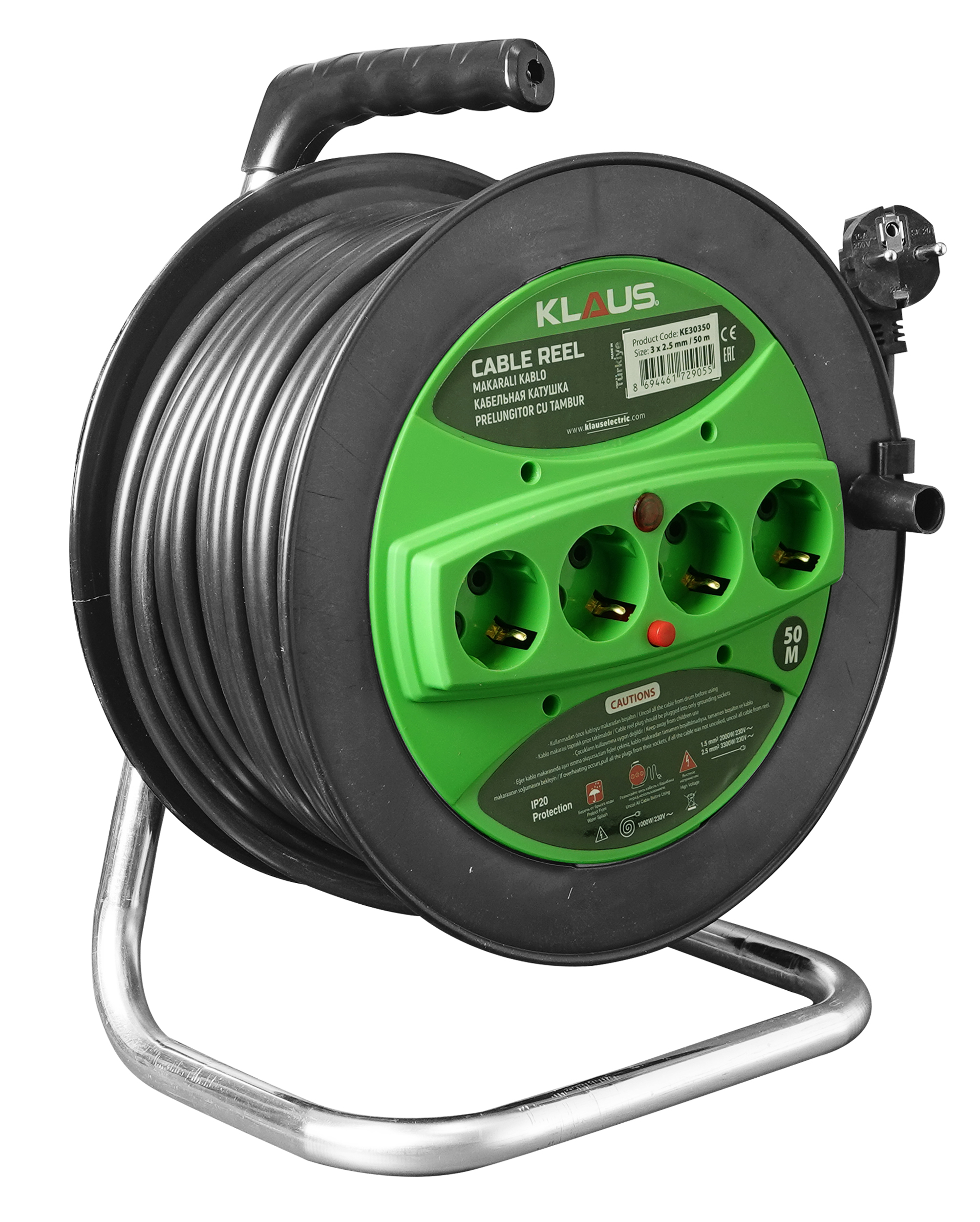 Klaus Makaralı Seyyar Uzatma Kablosu Ölçü : 20 M, 3X1,5mm² 4'lü Priz