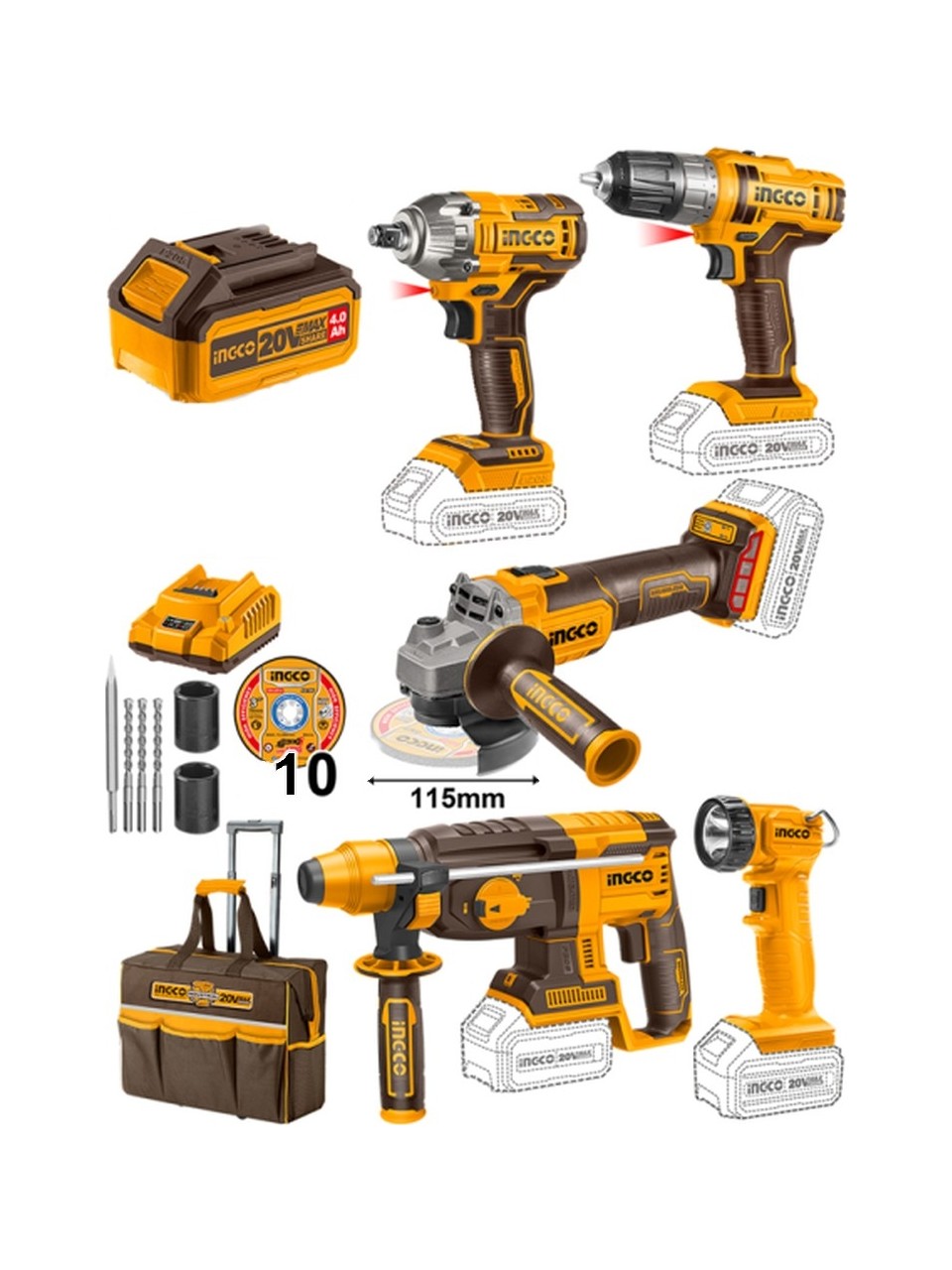 ING CKLI2019 Akülü 5’ Lü Kombo Set (30 Parça Aksesuar Hediyeli) 20V Li-ion 4.0