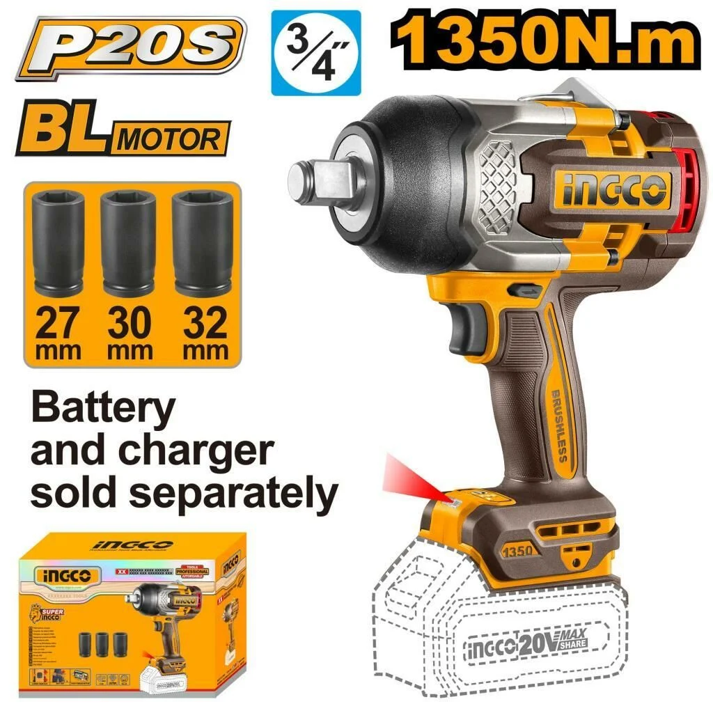 INGCO CIWLI201351 Li-ion Kömürsüz Akülü Somun Sıkma 3/4'' 20V 1350Nm